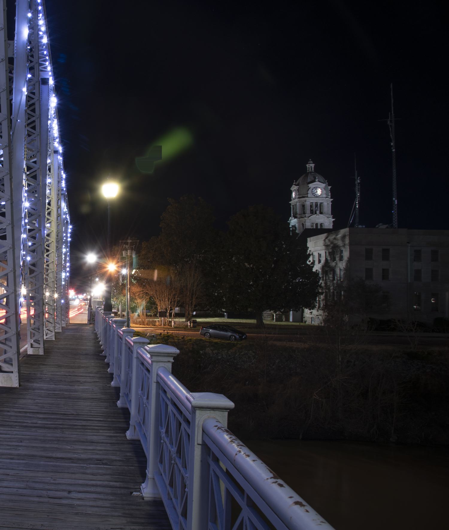 The Grand Boulevard bridge and the Leflore County Courthouse at night in Greenwood, Mississippi